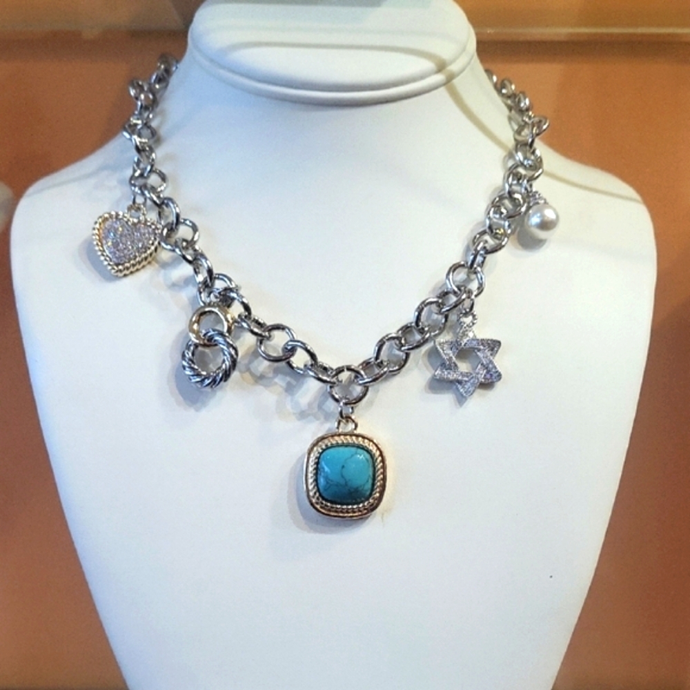 Silver and Gold Chunky Charm Necklace with Turquoise Stone